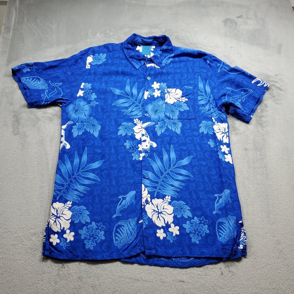 Cabali Hawaiian Short Sleeve Shirt Blue White Tropical Flowers 1 Pocket Men Sz L